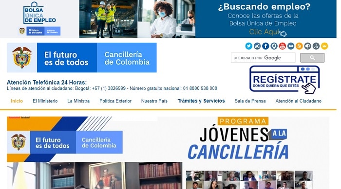 Página de la Cancillería de Colombia
